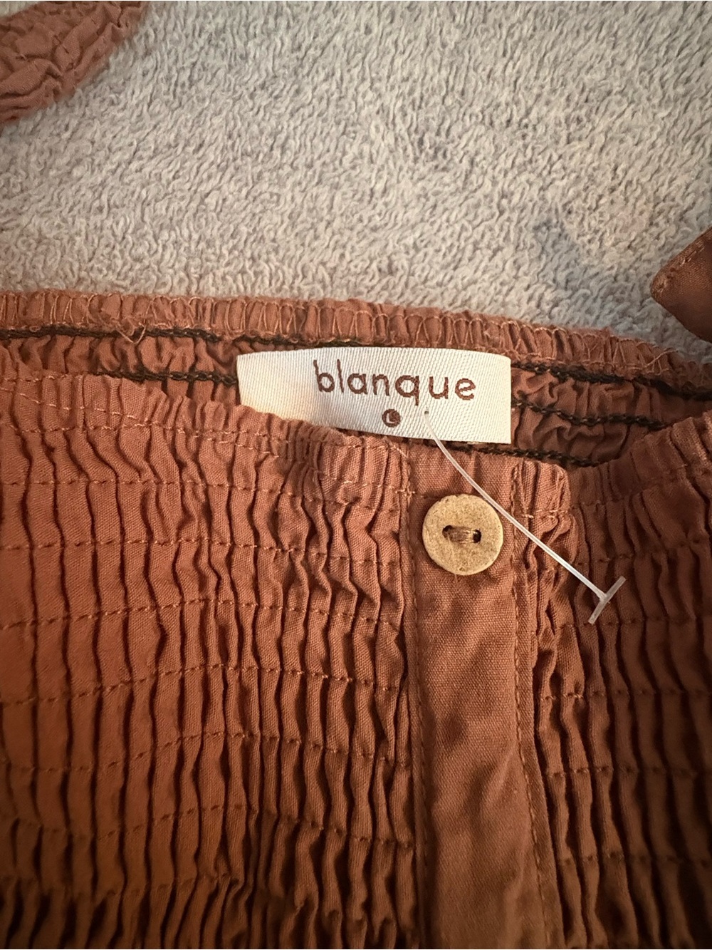 Blanque Brown Smocked Peplum Cami Large 100% Cotton Buttons Feminine - Picture 5 of 8